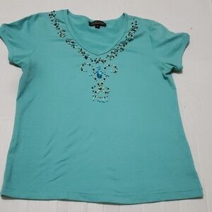 Vintage 90s Boho Western Embellished Beaded Teal Fitted Knit Top S